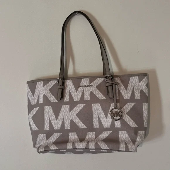 Michael Kors Taupe and White MK Tote - Picture 1 of 3